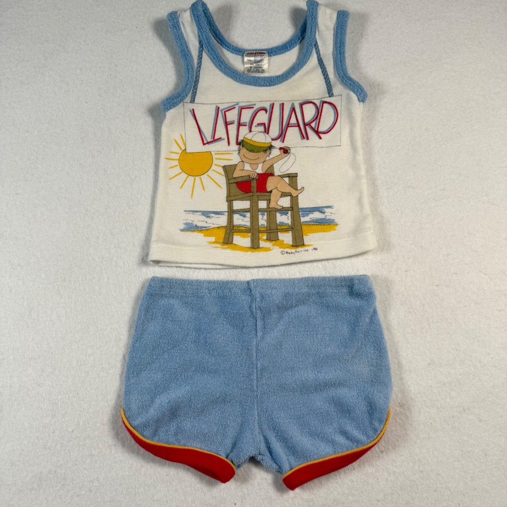 Vintage 1980s Babyfair Lifeguard Tank Top and Terry Cloth Shorts Set 9M
